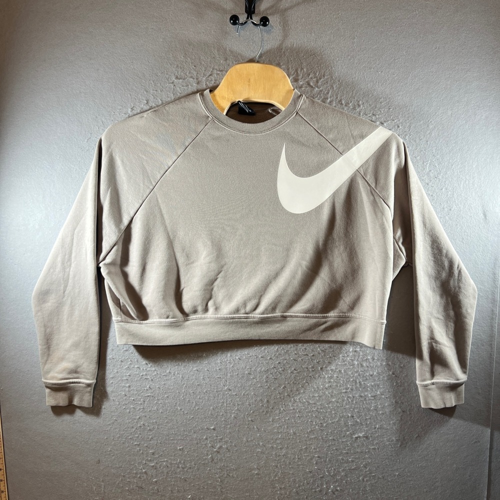 1437 | Nike Dri-FIT Cropped Swoosh Logo Sweatshirt Taupe Brown Womens XL